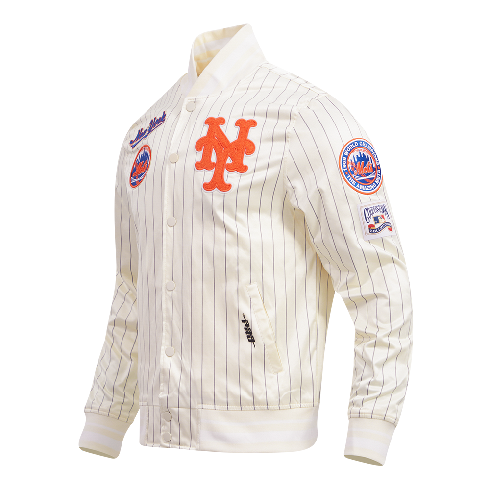MLB NEW YORK METS PINSTRIPE RETRO CLASSIC MEN'S RIB SATIN JACKET (EGGSHELL/ GREY)