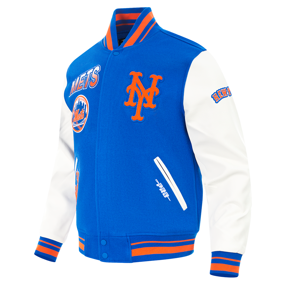 MLB NEW YORK METS TURN IT UP MEN'S RIB WOOL VARSITY JACKET (ROYAL/ORANGE/ROYAL)