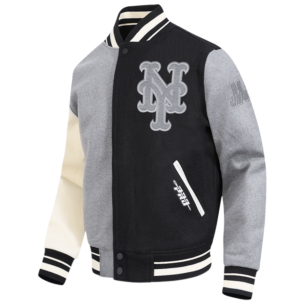 MLB NEW YORK METS REVERSE FRENCH TERRY MEN'S COLOR BLOCK WOOL VARSITY JACKET (BLACK/GRAY/EGGSHELL)