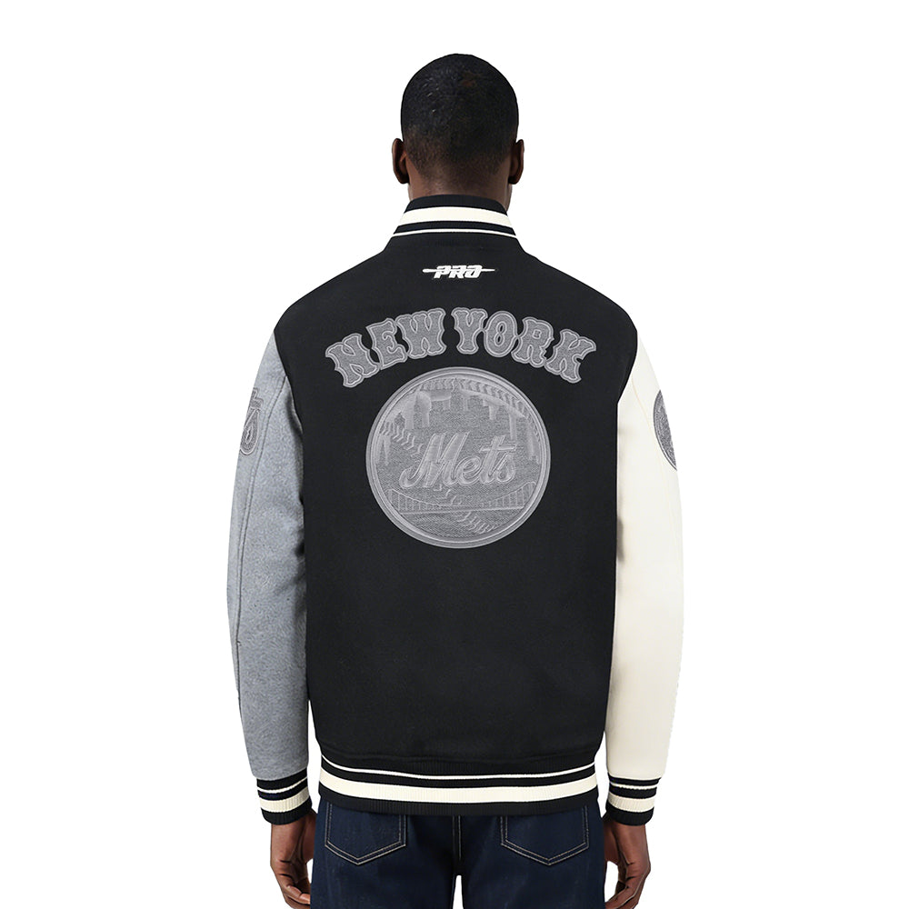 MLB NEW YORK METS REVERSE FRENCH TERRY MEN'S COLOR BLOCK WOOL VARSITY JACKET (BLACK/GRAY/EGGSHELL)