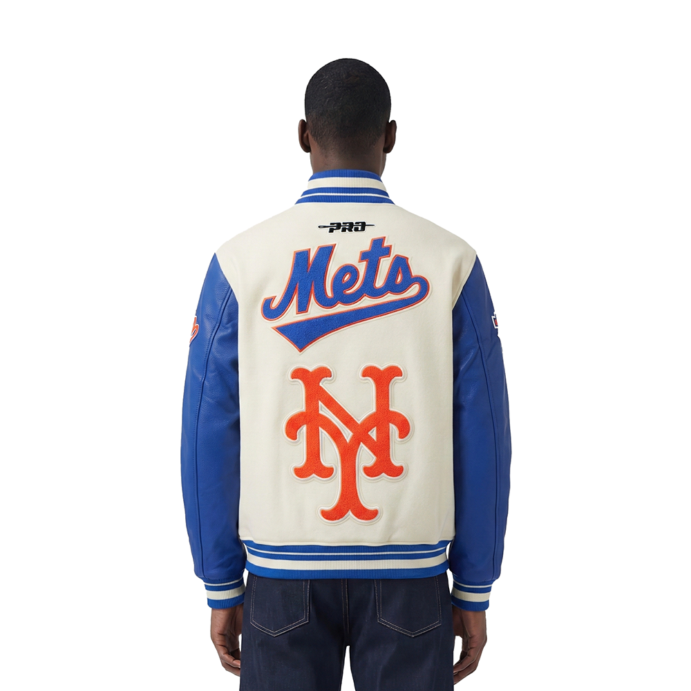 MLB NEW YORK METS RETRO CLASSICS MEN'S RIB WOOL VARSITY JACKET (EGGSHELL/ROYAL BLUE)