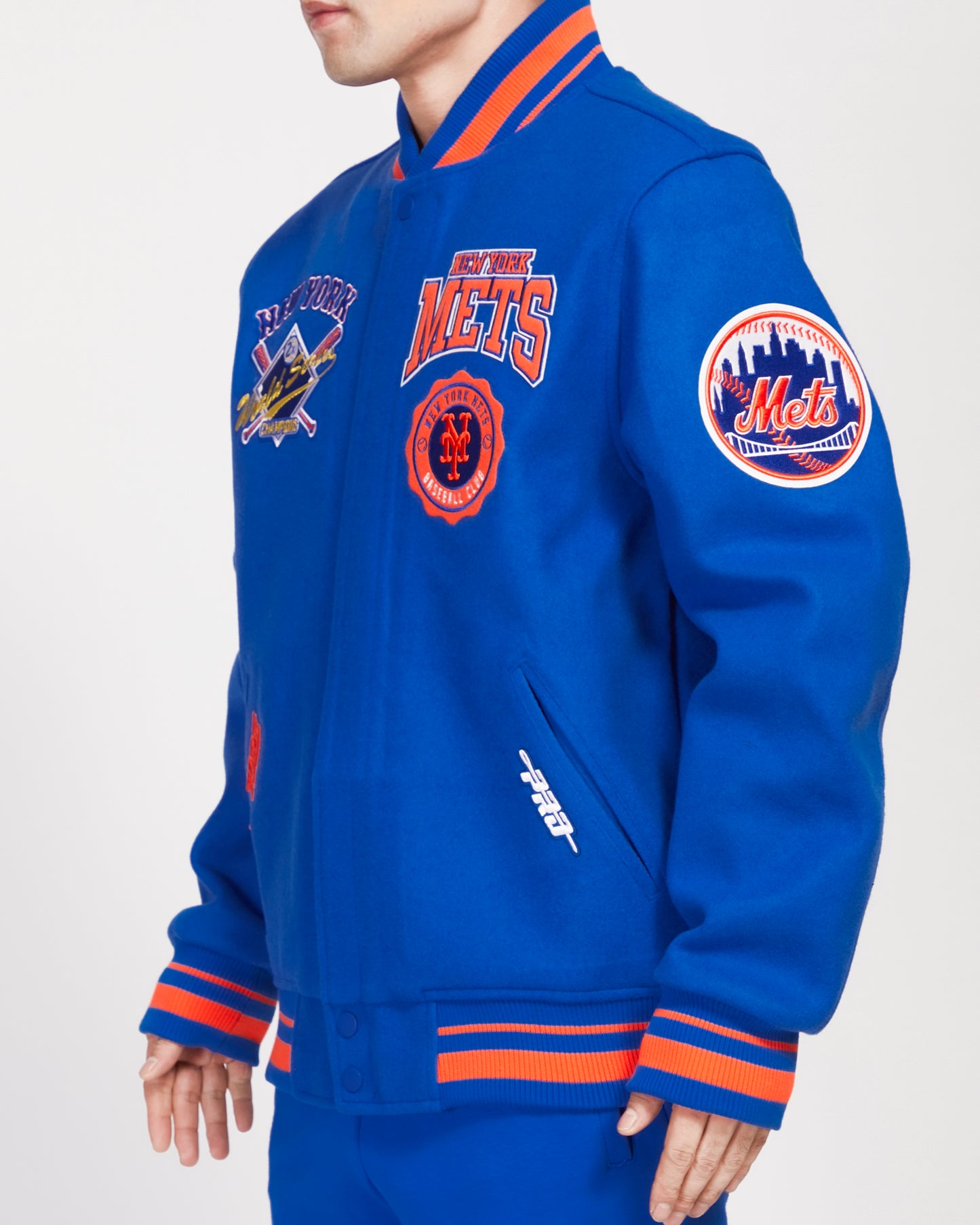 MLB NEW YORK METS CREST EMBLEM RIB WOOL VARSITY JACKET (ROYAL/ORANGE/ROYAL)