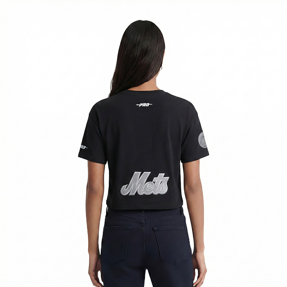 MLB NEW YORK METS REVERSE FRENCH TERRY WOMEN'S SINGLE JERSEY BOXY TOP (BLACK)