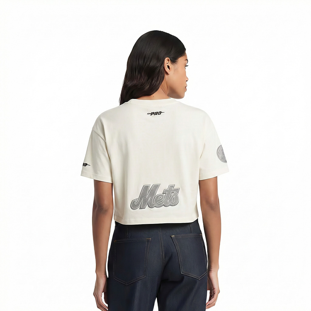 MLB NEW YORK METS REVERSE FRENCH TERRY WOMEN'S SINGLE JERSEY BOXY TOP (EGGSHELL)