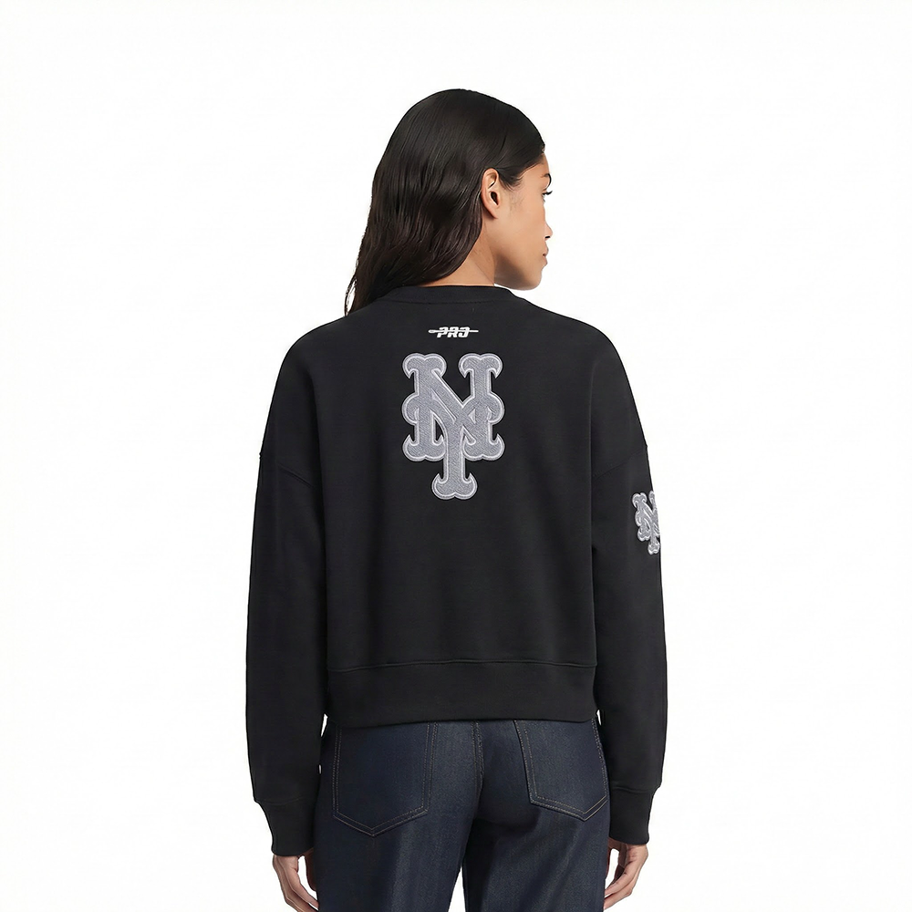MLB NEW YORK METS REVERSE FRENCH TERRY WOMEN'S FLEECE CREWNECK (BLACK)