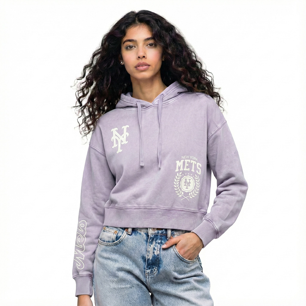 MLB NEW YORK METS STREET TEAM WOMEN'S ENZYME WASH FT CROPPED PO HOODIE (WASHED LILAC GRAY)