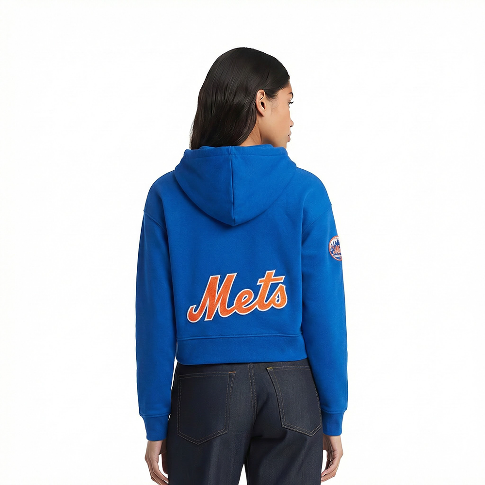 MLB NEW YORK METS CLASSIC CHENILLE WOMEN'S FLC CROPPED PO HOODIE (ROYAL BLUE)