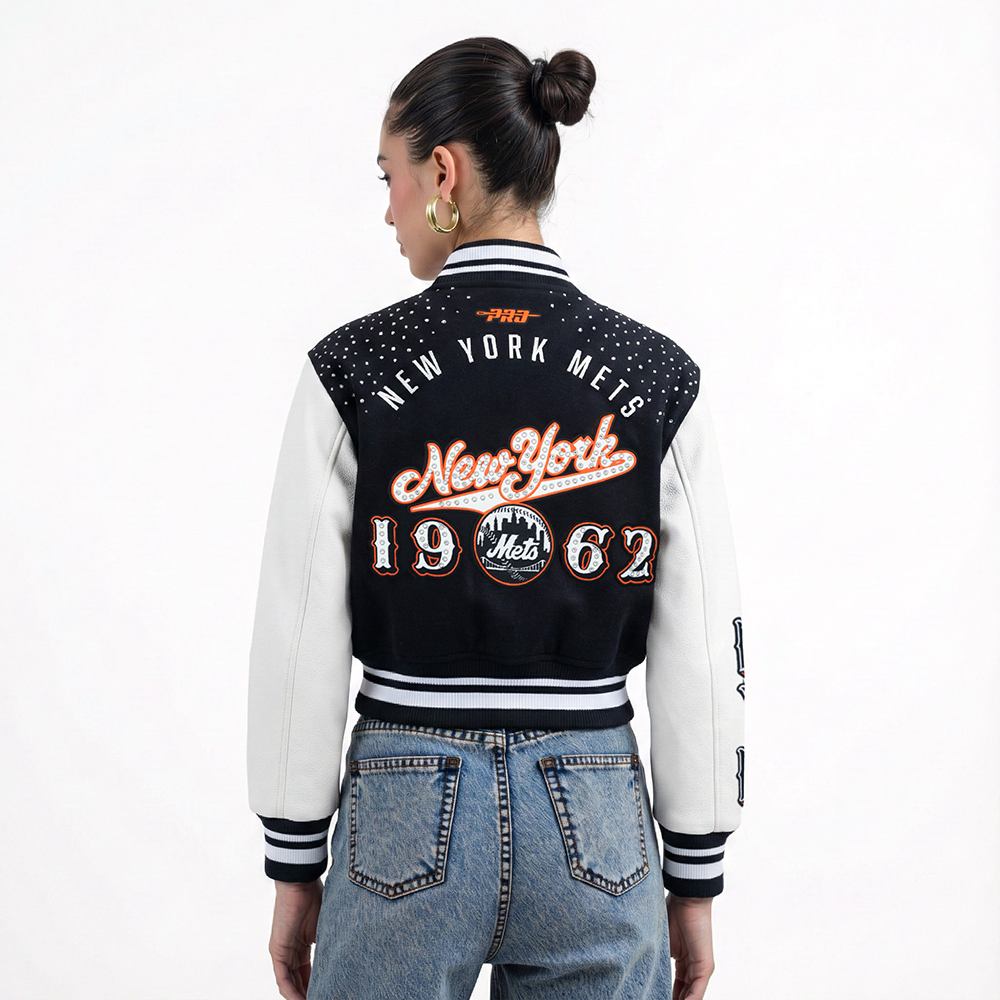 MLB NEW YORK METS LEGACY WOMEN'S CROPPED RIB WOOL VARSITY JACKET (BLACK/WHITE)
