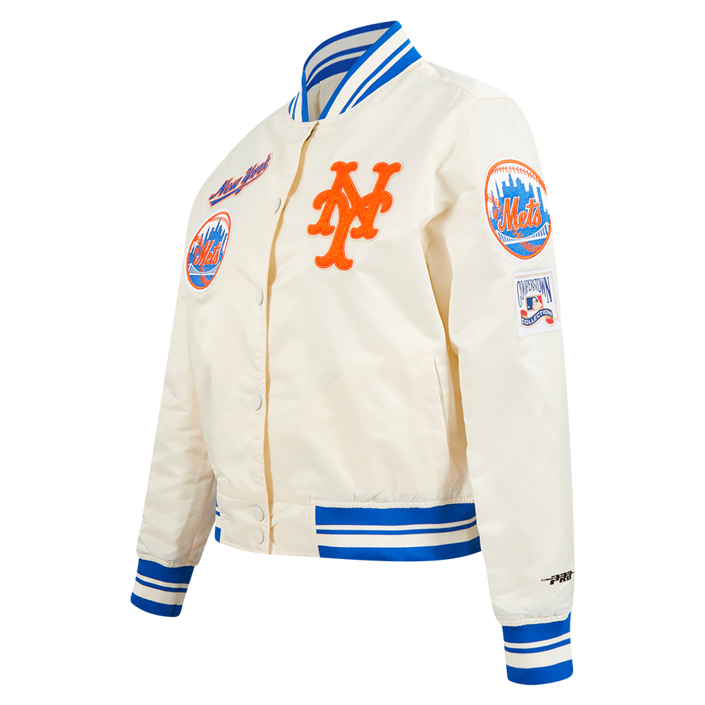MLB NEW YORK METS RETRO CLASSIC WOMEN'S RIB SATIN JACKET (EGGSHELL/ROYAL BLUE)