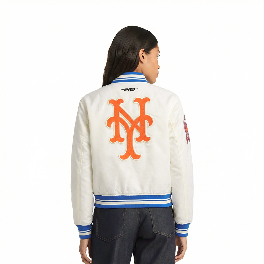 MLB NEW YORK METS RETRO CLASSIC WOMEN'S RIB SATIN JACKET (EGGSHELL/ ROYAL BLUE)