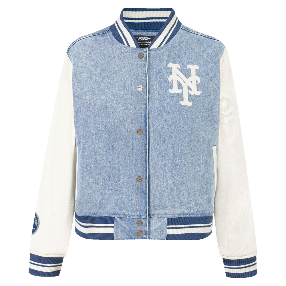 MLB NEW YORK METS VARSITY BLUES WOMEN'S DENIM VARSITY JACKET MLB NEW YORK METS VARSITY BLUES WOMEN'S DENIM VARSITY JACKET