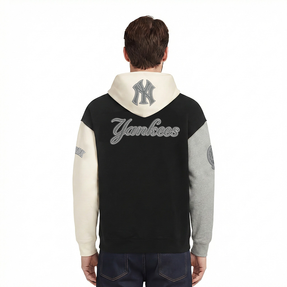 MLB NEW YORK YANKEES REVERSE FRENCH TERRY MEN'S COLOR BLOCK FLEECE PULLOVER HOODIE (BLACK/GRAY/EGGSHELL)