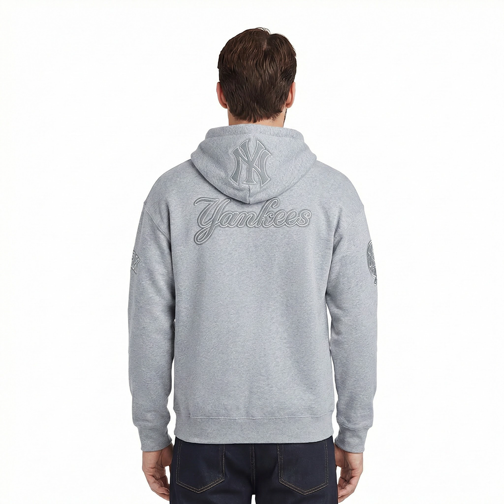 MLB NEW YORK YANKEES REVERSE FRENCH TERRY MEN'S DROP SHOULDER FLEECE PULLOVER HOODIE (DARK HEATHER GRAY)