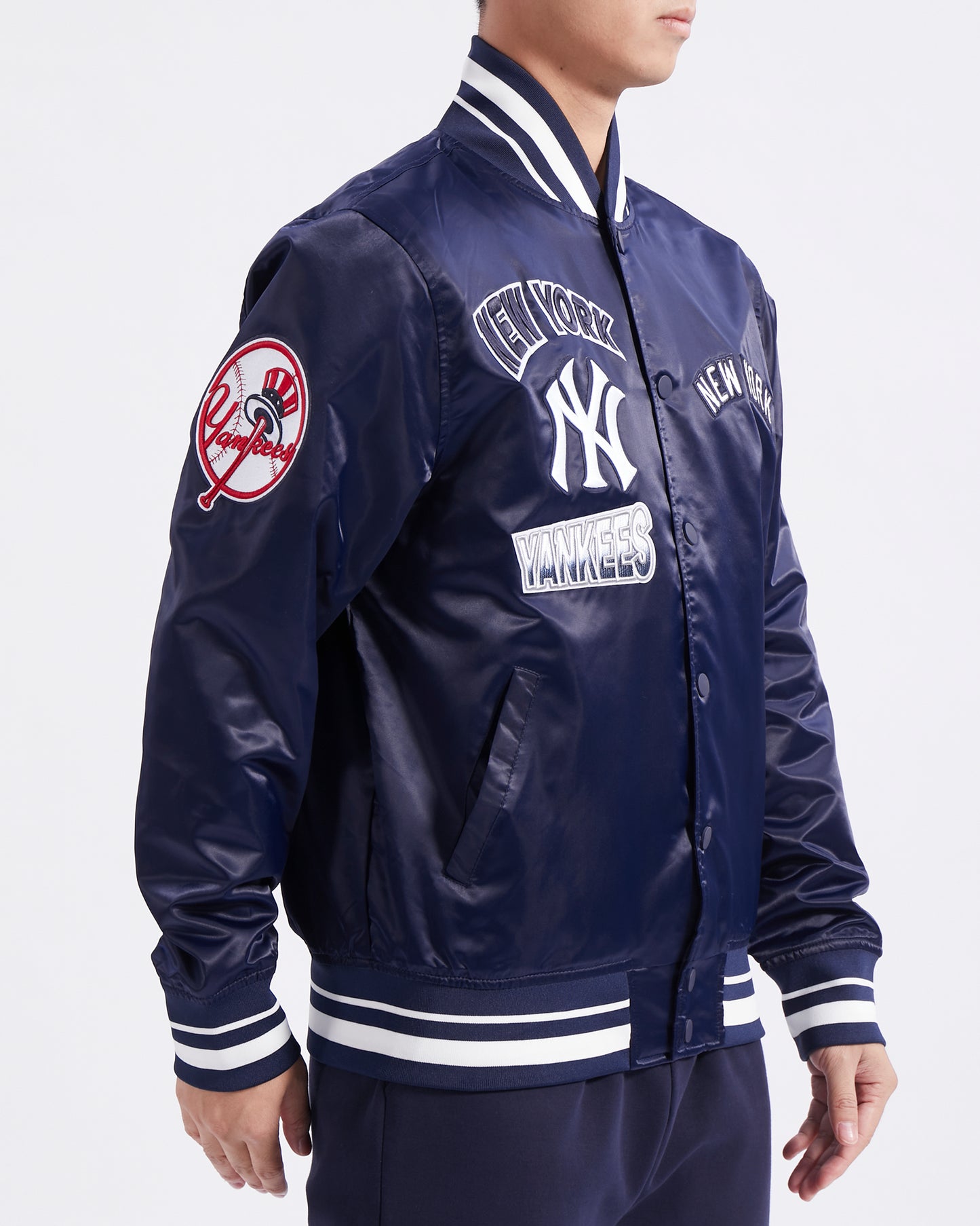 MLB NEW YORK YANKEES TURN IT UP MEN'S RIB SATIN JACKET (MIDNIGHT NAVY)