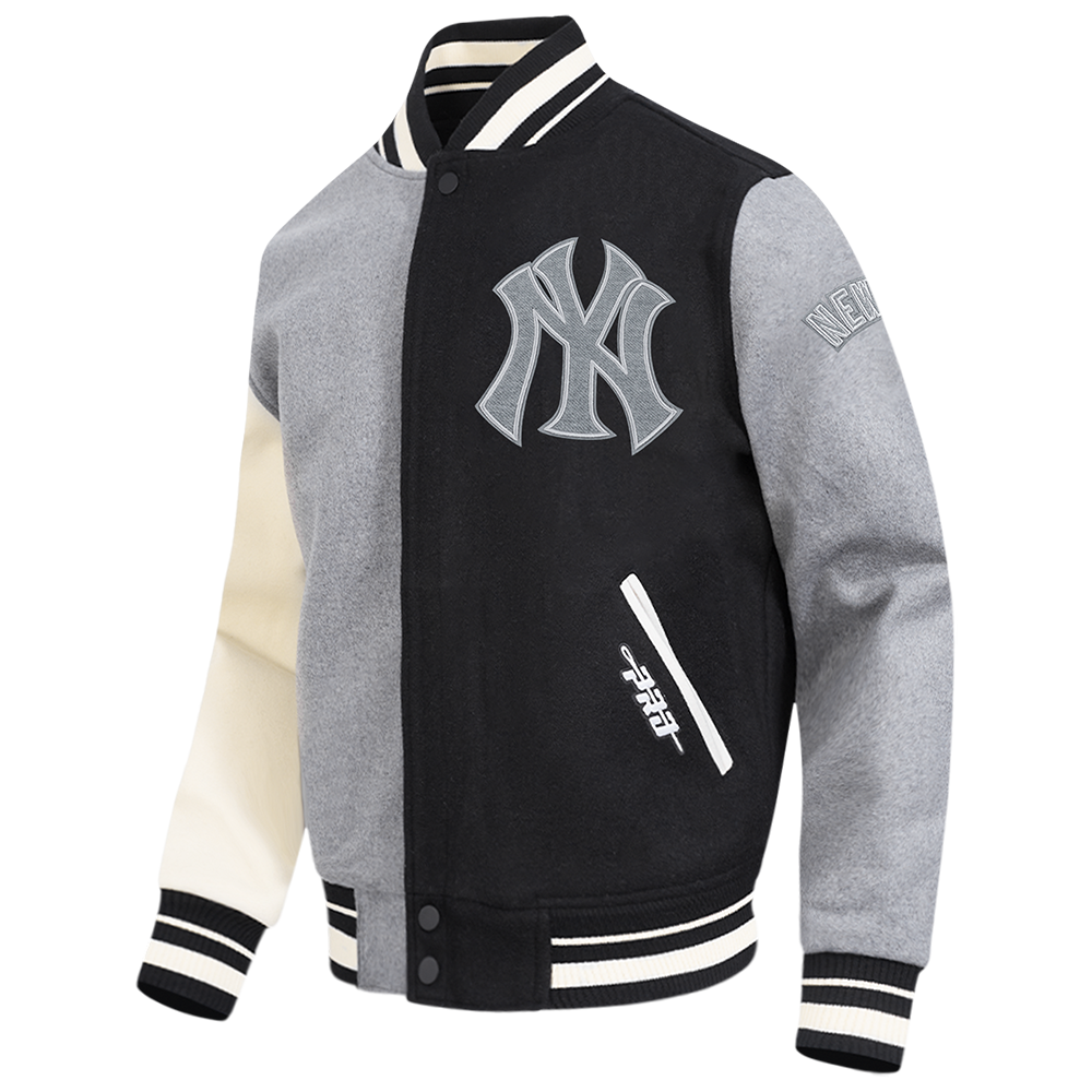 MLB NEW YORK YANKEES REVERSE FRENCH TERRY MEN'S COLOR BLOCK WOOL VARSITY JACKET (BLACK/GRAY/EGGSHELL)