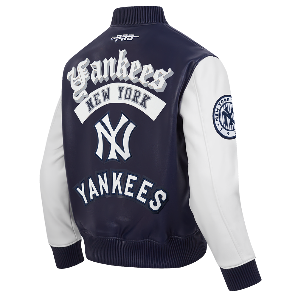 MLB NEW YORK YANKEES BEST OF MEN'S LEATHER VARSITY JACKET (MIDNIGHT NAVY/WHITE)