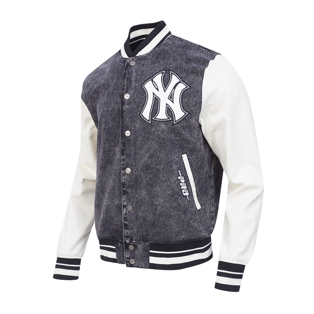 MLB NEW YORK YANKEES REBEL ATHLETICS MEN'S DENIM VARSITY JACKET (WASHED BLACK/EGGSHELL)