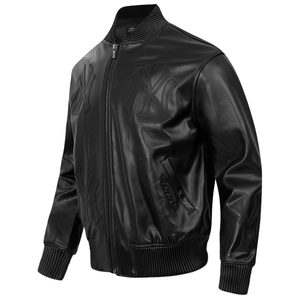 MLB NEW YORK YANKEES WASHED VANGUARD MEN'S LEATHER VARSITY JACKET (JET BLACK)