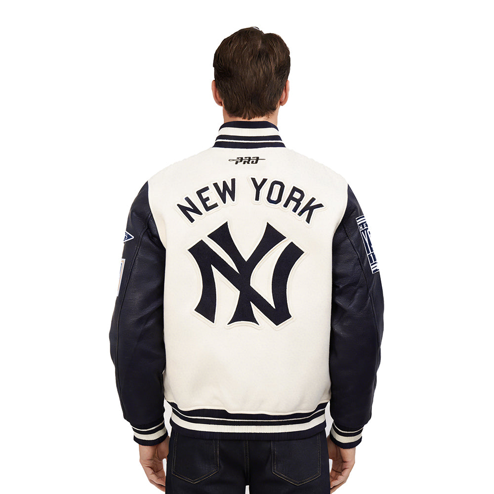 MLB NEW YORK YANKEES RETRO CLASSICS MEN'S RIB WOOL VARSITY JACKET (EGGSHELL/ MIDNIGHT NAVY)