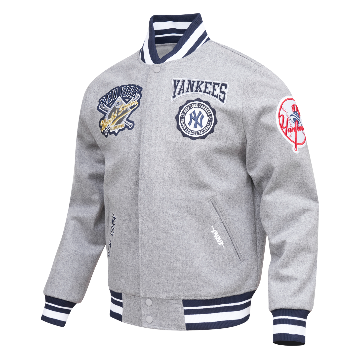 MLB NEW YORK YANKEES CREST EMBLEM RIB WOOL VARSITY JACKET (HEATHER GREY/MIDNIGHT NAVY)