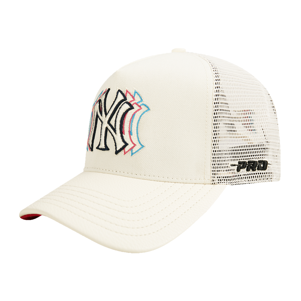 MLB NEW YORK YANKEES ECHO LOGO MEN'S PINCH FRONT LEATHER TRUCKER HAT (EGGSHELL)
