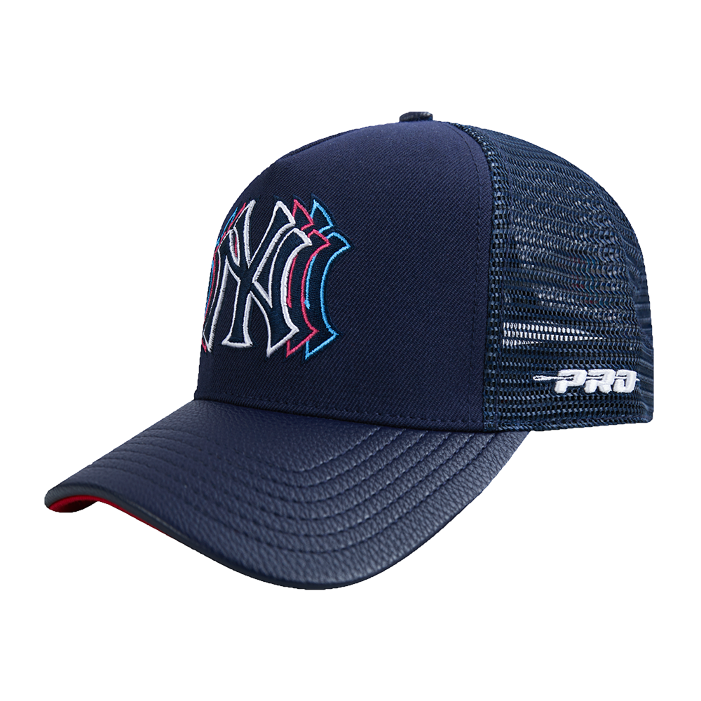 MLB NEW YORK YANKEES ECHO LOGO MEN'S PINCH FRONT LEATHER TRUCKER HAT (MIDNIGHT NAVY)