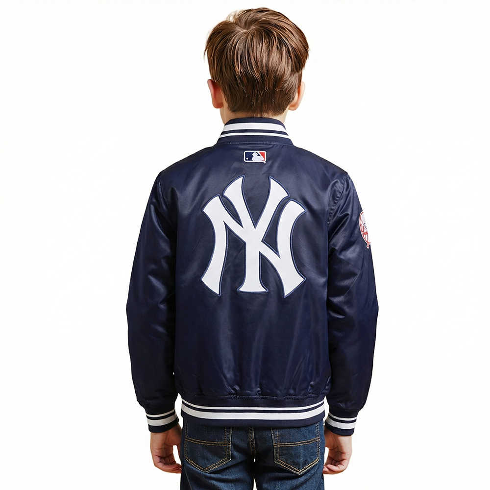 NEW YORK YANKEES SCRIPT TAIL BIG BOY'S RIB SATIN JACKET (MIDNIGHT NAVY)