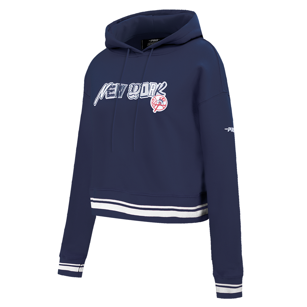 MLB NEW YORK YANKEES CITY RANSOM WOMEN'S RIB FLEECE CROPPED PULLOVER HOODIE (MIDNIGHT NAVY)