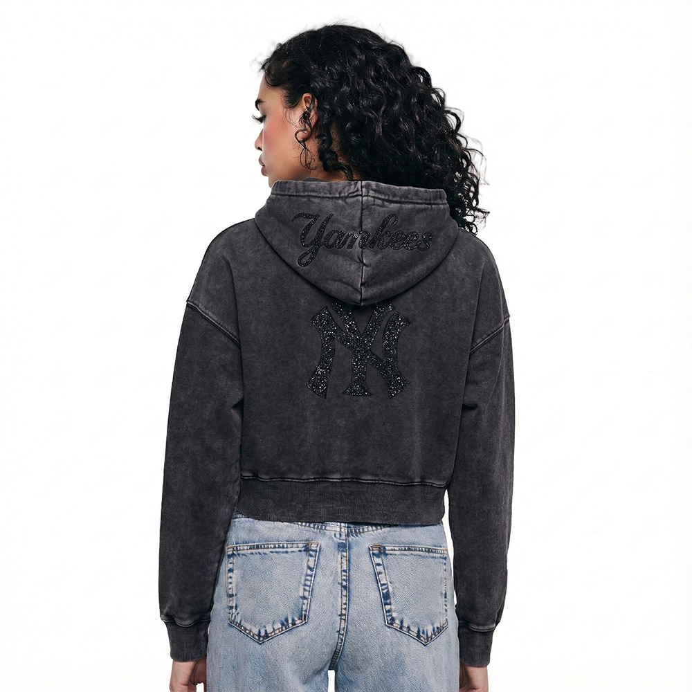 MLB NEW YORK YANKEES WASHED CRYSTALLINE WOMEN'S ENZYME WASH FT CROPPED (WASHED BLACK)