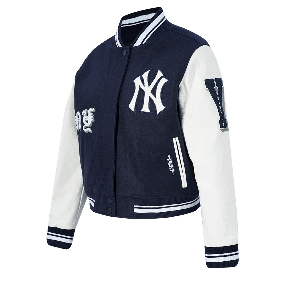 MLB NEW YORK YANKEES OLD ENGLISH WOMEN'S RIB WOOL VARSITY JACKET (MIDNIGHT NAVY/WHITE)