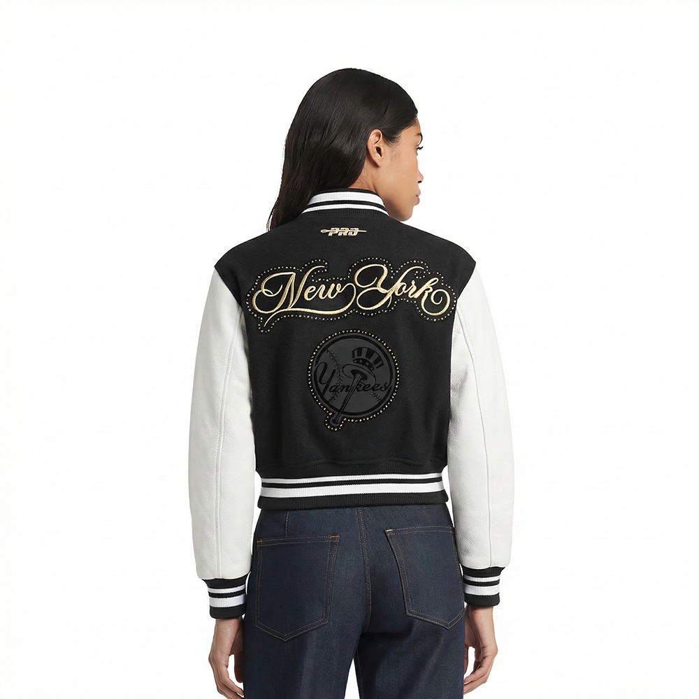 MLB NEW YORK YANKEES RENEGADE WOMEN'S RIB CROPPED WOOL VARSITY JACKET (BLACK/WHITE)