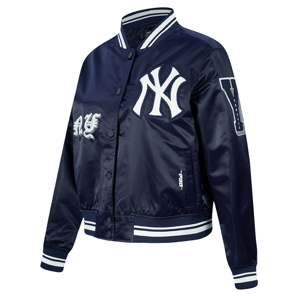 MLB NEW YORK YANKEES OLD ENGLISH WOMEN'S RIB SATIN JACKET (MIDNIGHT NAVY)