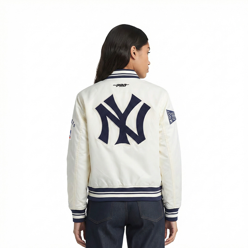 MLB NEW YORK YANKEES RETRO CLASSIC WOMEN'S RIB SATIN JACKET (EGGSHELL/ MIDNIGHT NAVY)