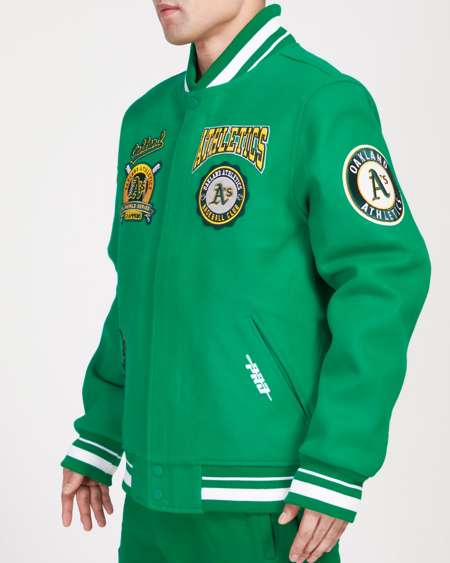 MLB OAKLAND ATHLETICS CREST EMBLEM RIB WOOL VARSITY JACKET (KELLY GREEN)