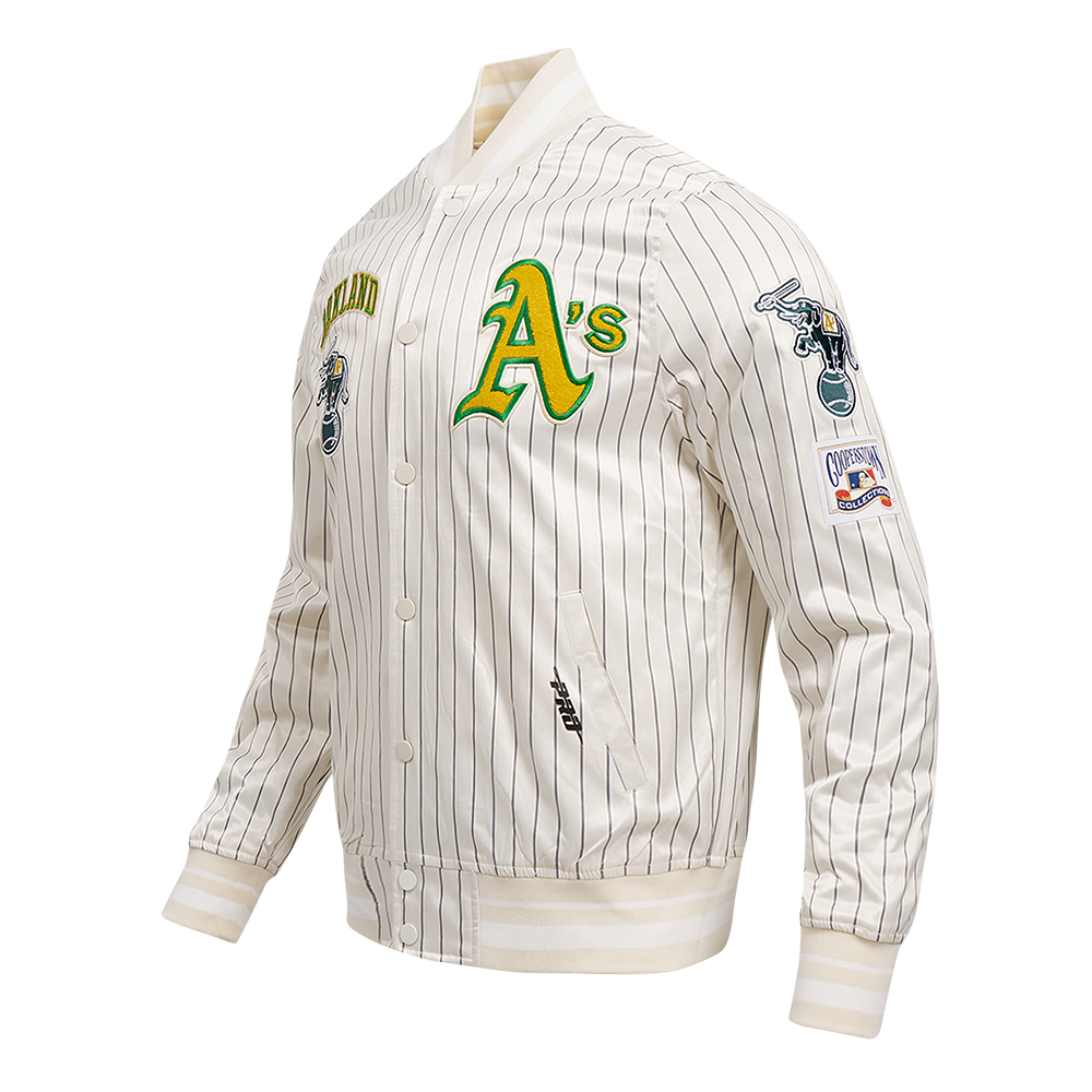 MLB OAKLAND ATHLETICS PINSTRIPE RETRO CLASSIC MEN'S RIB SATIN JACKET (EGGSHELL/ GREY)