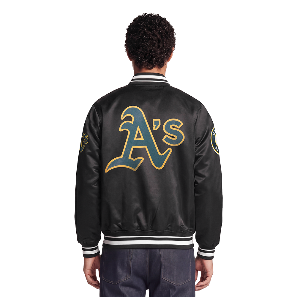 MLB OAKLAND ATHLETICS SCRIPT TAIL MEN'S SATIN JACKET (BLACK)