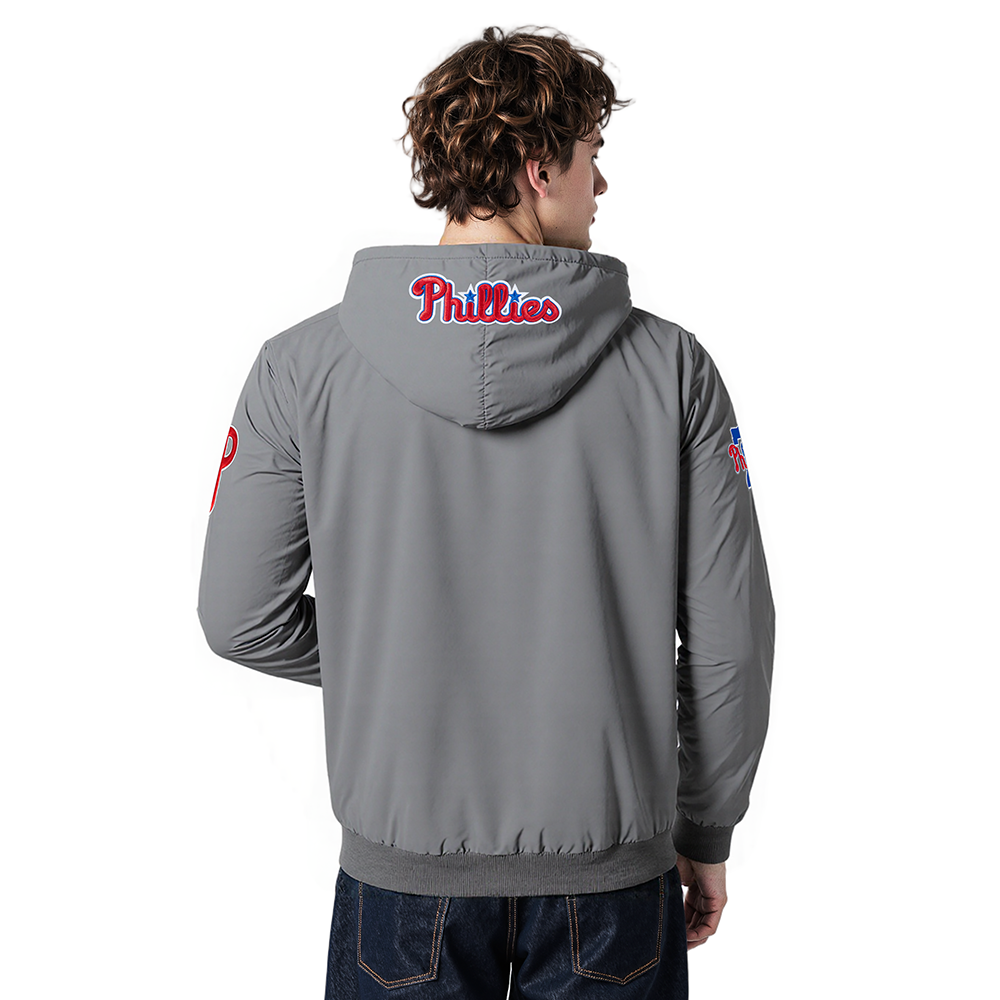 MLB PHILADELPHIA PHILLIES CLASSIC WIND SUIT MEN'S WOVEN FULL ZIP PULLOVER HOODIE (GRAY)