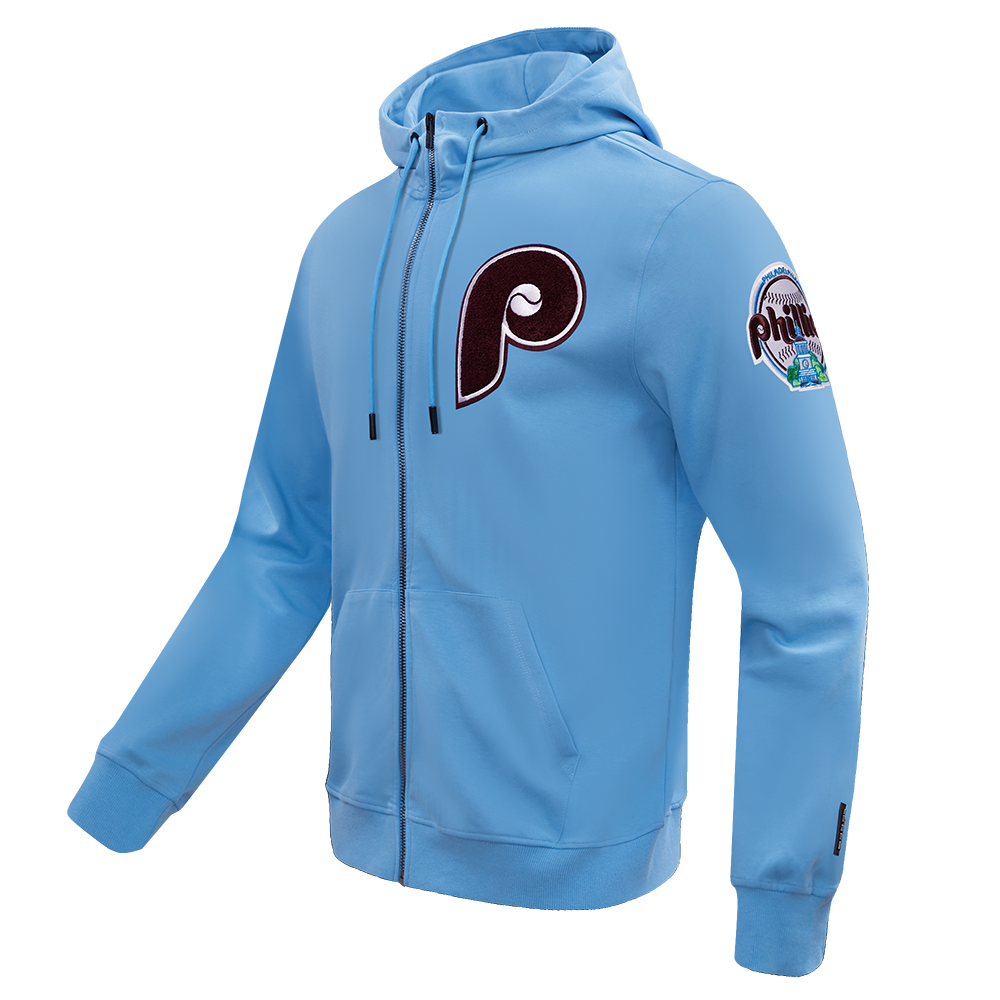 MLB PHILADELPHIA PHILLIES CLASSIC CHENILLE MEN'S DOUBLE KNIT FULL ZIP PULLOVER HOODIE (UNIVERSITY BLUE)