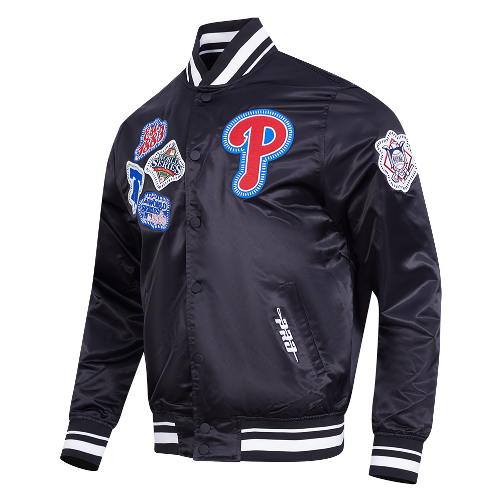 MLB PHILADELPHIA PHILLIES DIY PICK STITCH MEN'S RIB SATIN JACKET (BLACK)