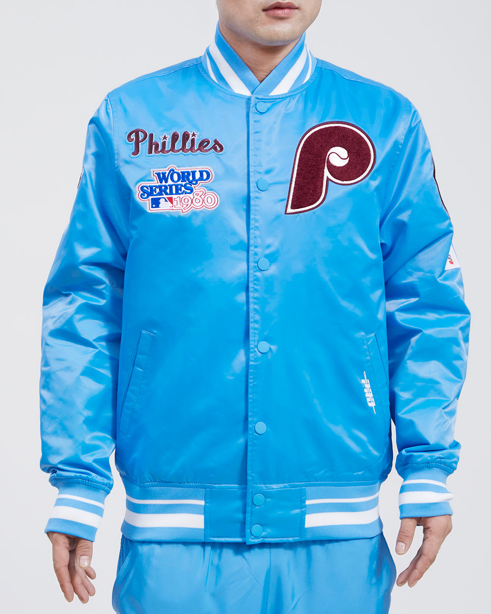 MLB PHILADELPHIA PHILLIES RETRO CLASSIC MEN'S RIB SATIN JACKET (UNIVERSITY BLUE)