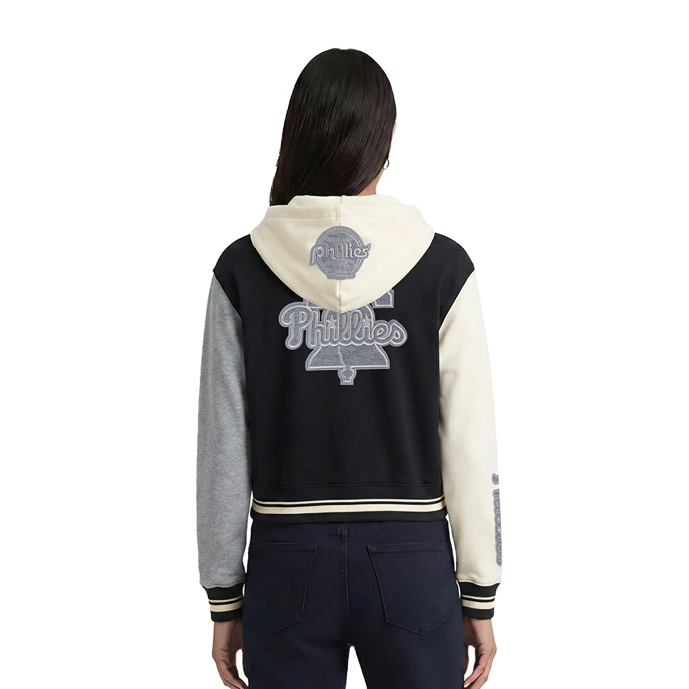 MLB PHILADELPHIA PHILLIES REVERSE FRENCH TERRY WOMEN'S COLOR BLOCK FLEECE FULL ZIP HOODIE (BLACK/GRAY/EGGSHELL)