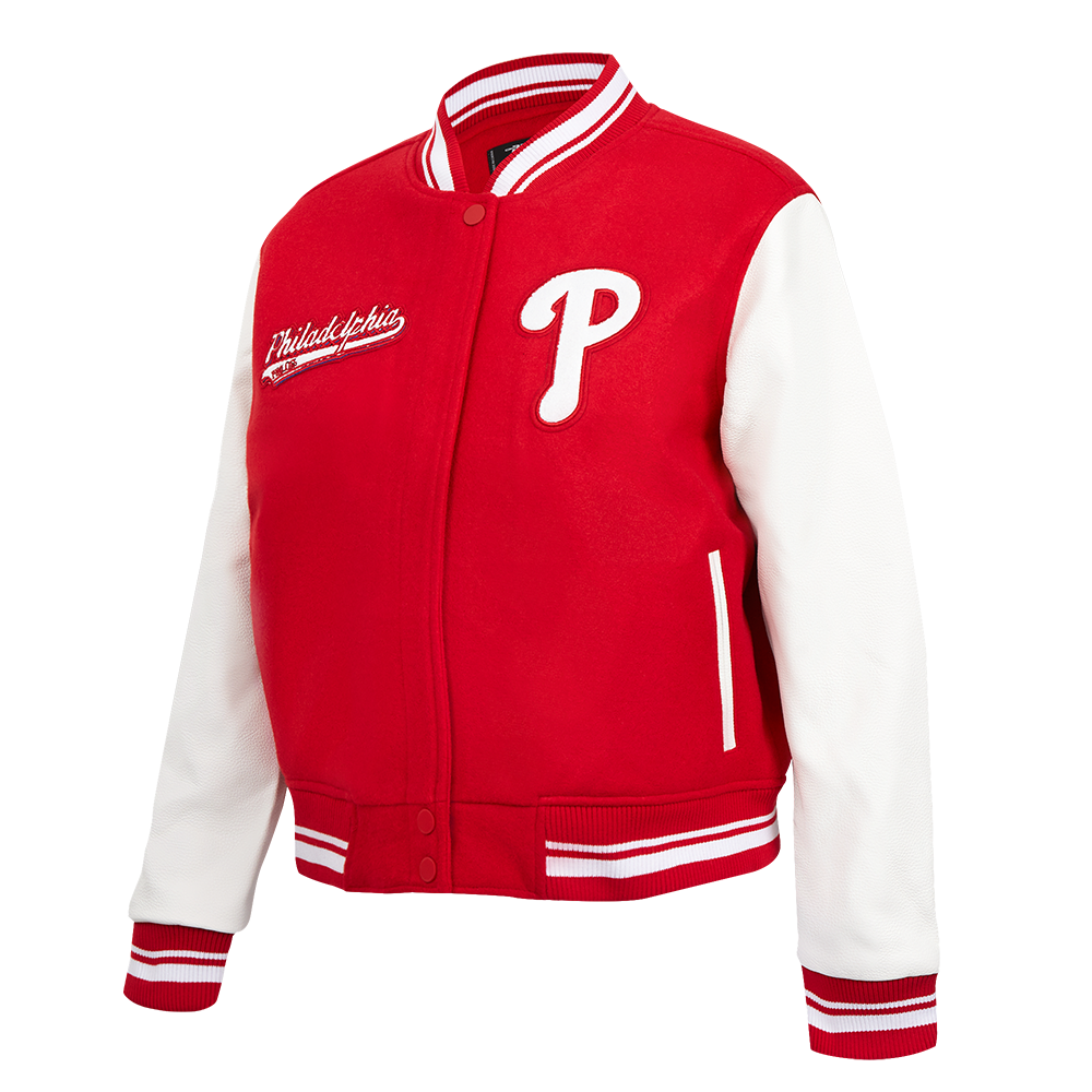 MLB PHILADELPHIA PHILLIES SCRIPT TAIL WOMEN'S WOOL VARSITY JACKET (RED/WHITE)