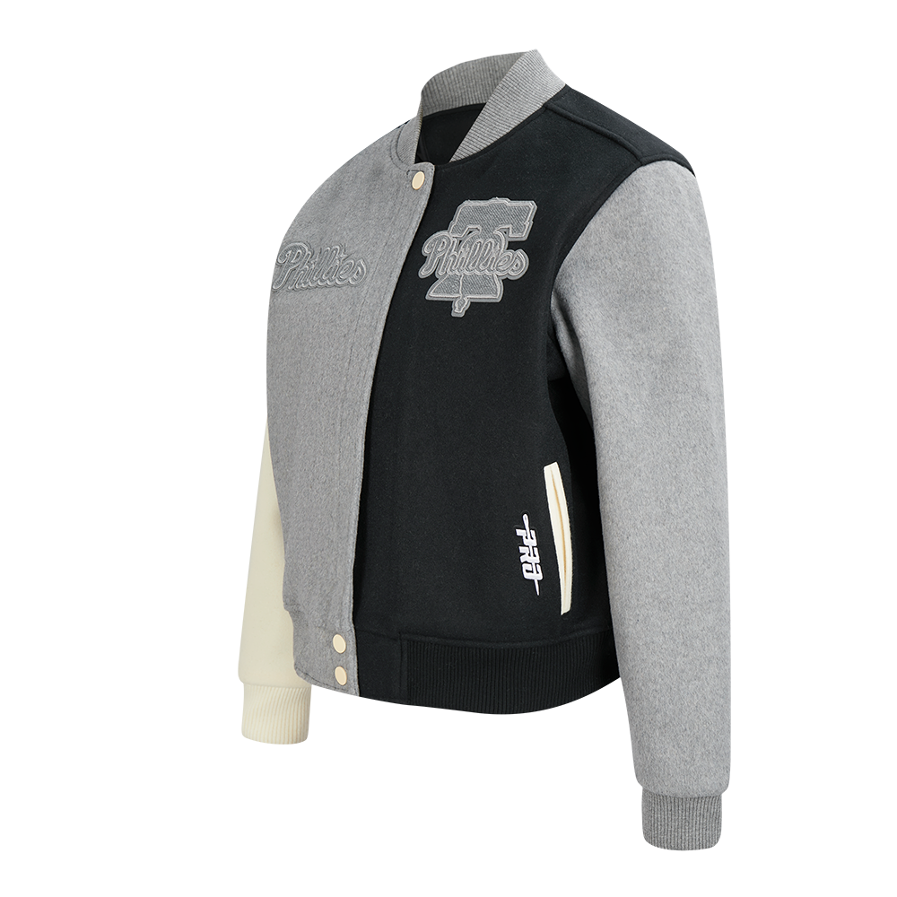 MLB PHILADELPHIA PHILLIES REVERSE FRENCH TERRY WOMEN'S WOOL VARSITY JA (BLACK/GRAY/EGGSHELL)