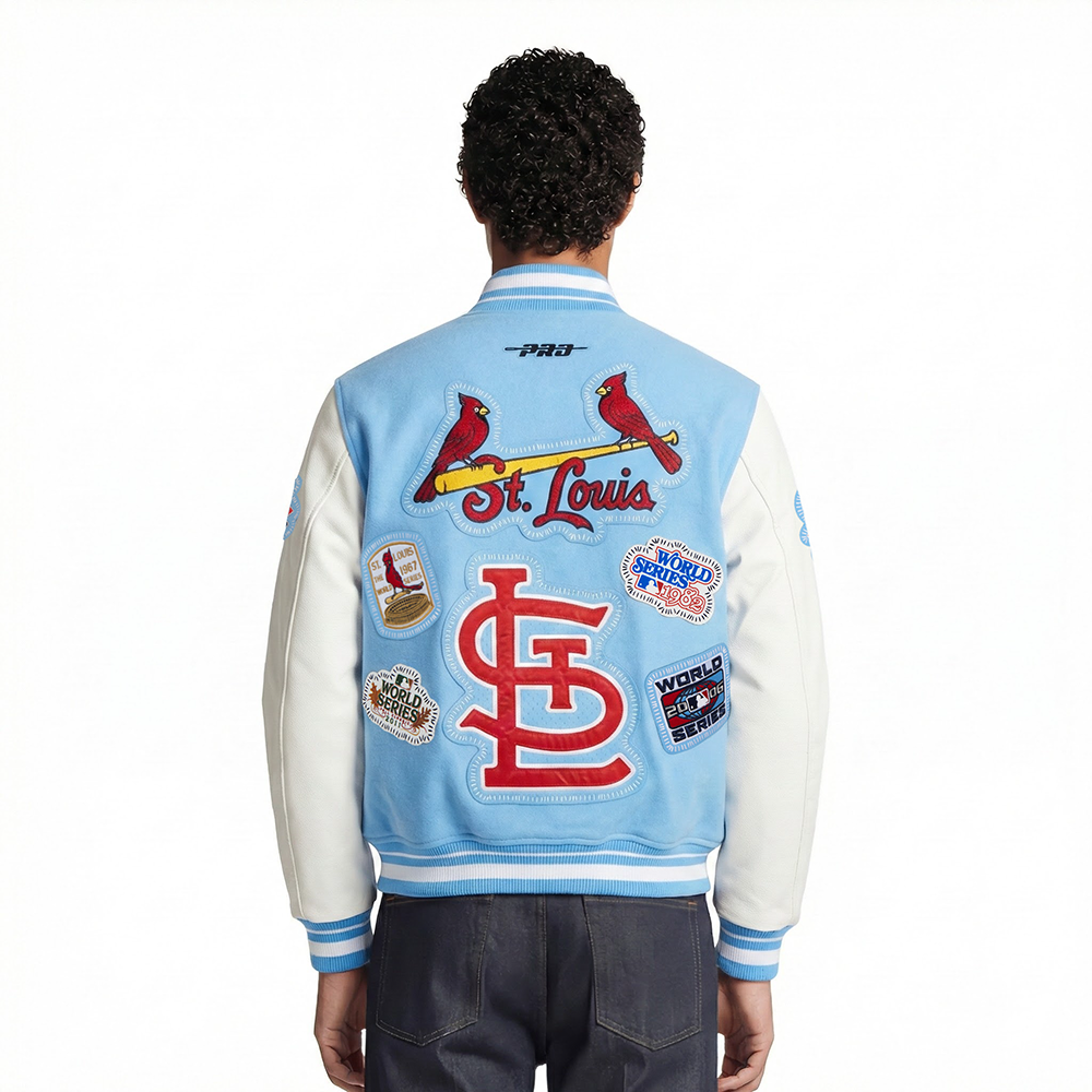 MLB ST. LOUIS CARDINALS DIY PICK STITCH MEN'S RIB WOOL VARSITY JACKET (UNIVERSITY BLUE/WHITE)
