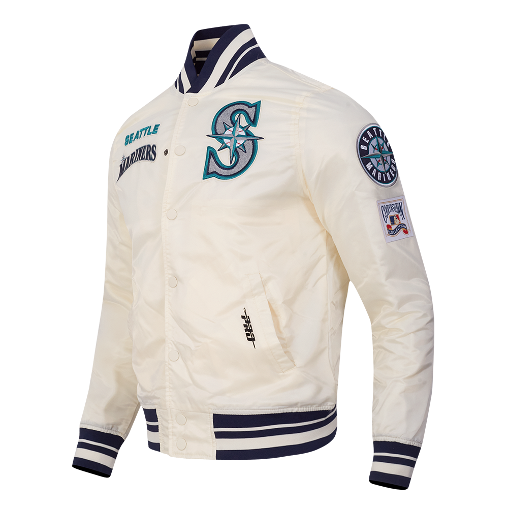 MLB SEATTLE MARINERS RETRO CLASSIC MEN'S RIB SATIN JACKET (EGGSHELL/ MIDNIGHT NAVY)