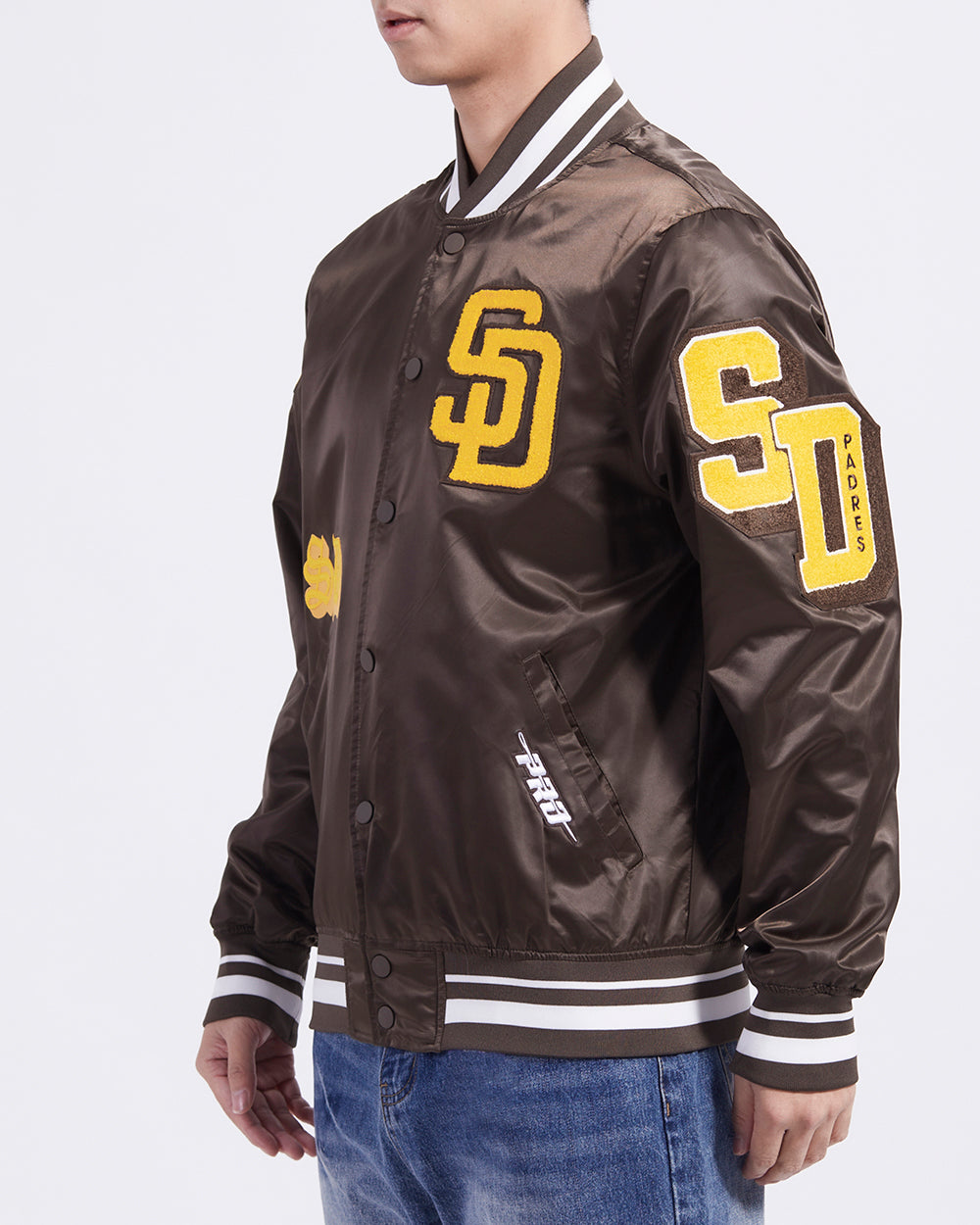 MLB SAN DIEGO PADRES OLD ENGLISH MEN'S RIB SATIN JACKET (BROWN)