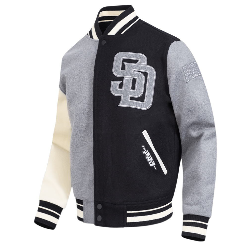 MLB SAN DIEGO PADRES REVERSE FRENCH TERRY MEN'S COLOR BLOCK WOOL VARSITY JACKET (BLACK/GRAY/EGGSHELL)