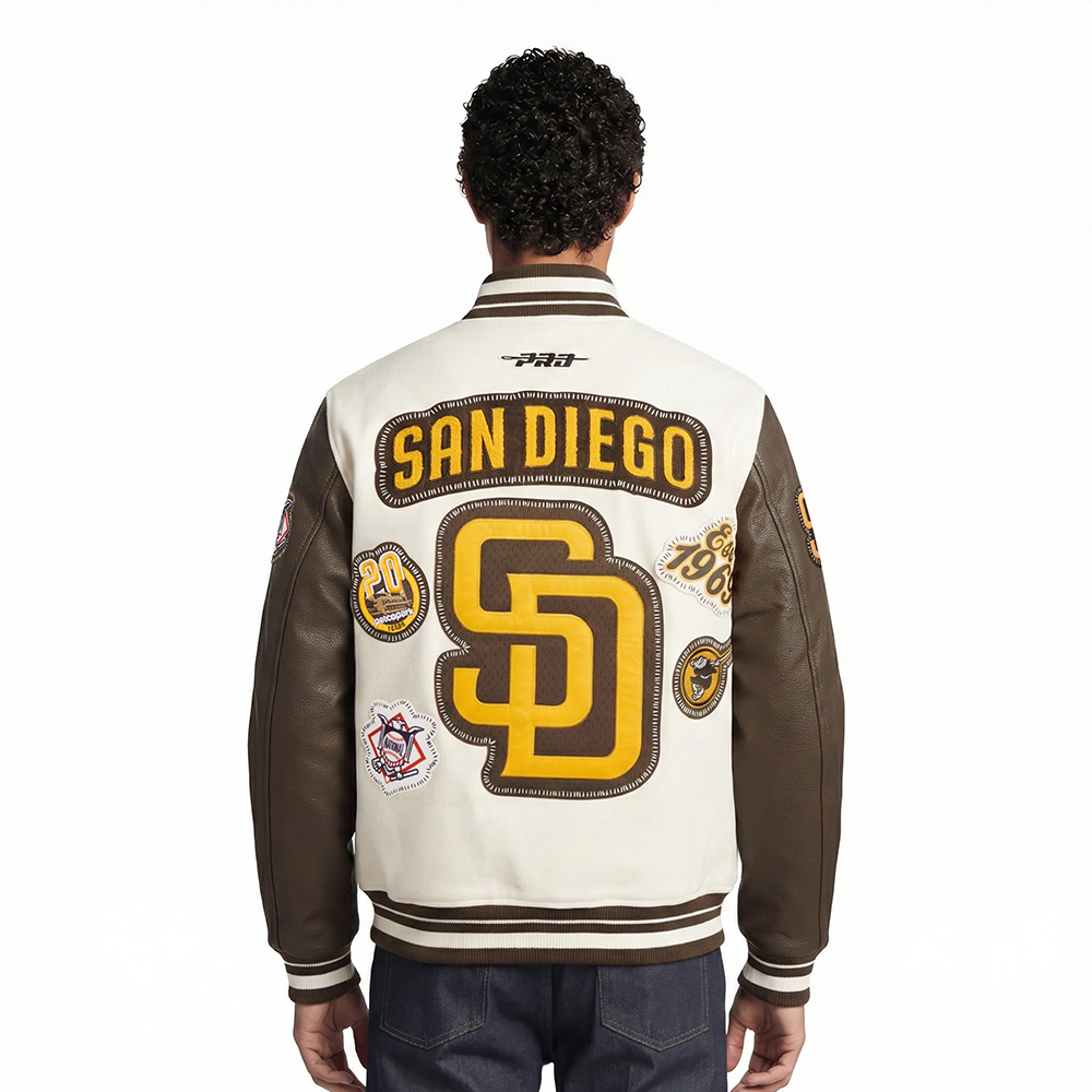 MLB SAN DIEGO PADRES DIY PICK STITCH MEN'S RIB WOOL VARSITY JACKET (EGGSHELL/ BROWN)