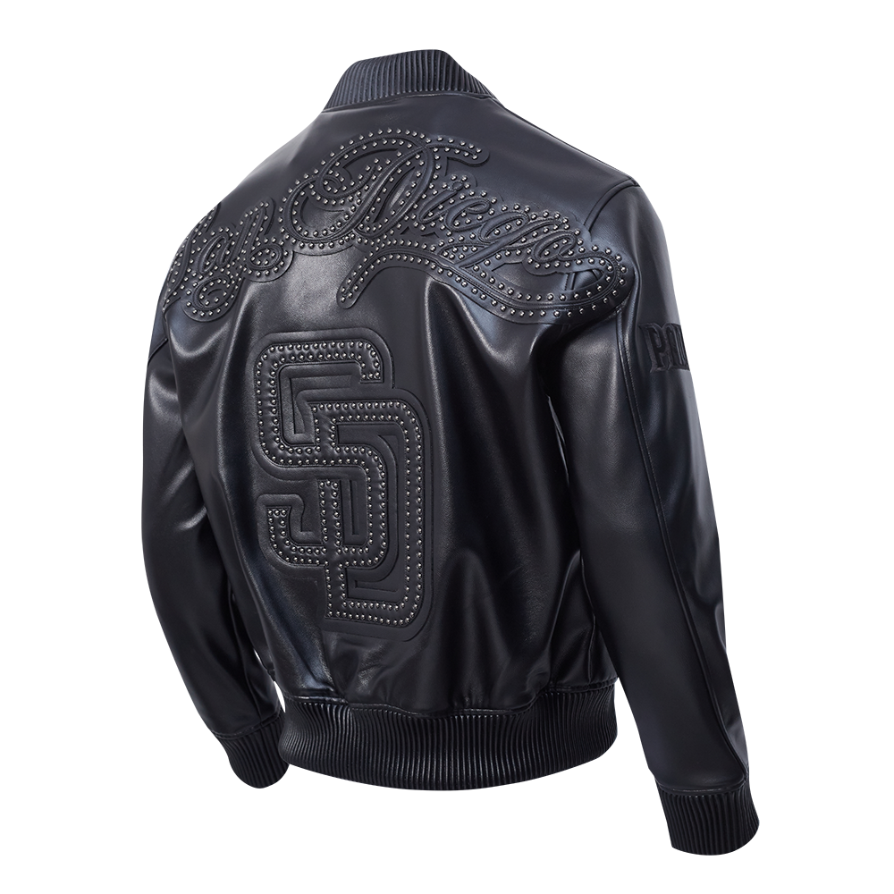 MLB SAN DIEGO PADRES BLACKOUT MEN'S LEATHER VARSITY JACKET (JET BLACK)