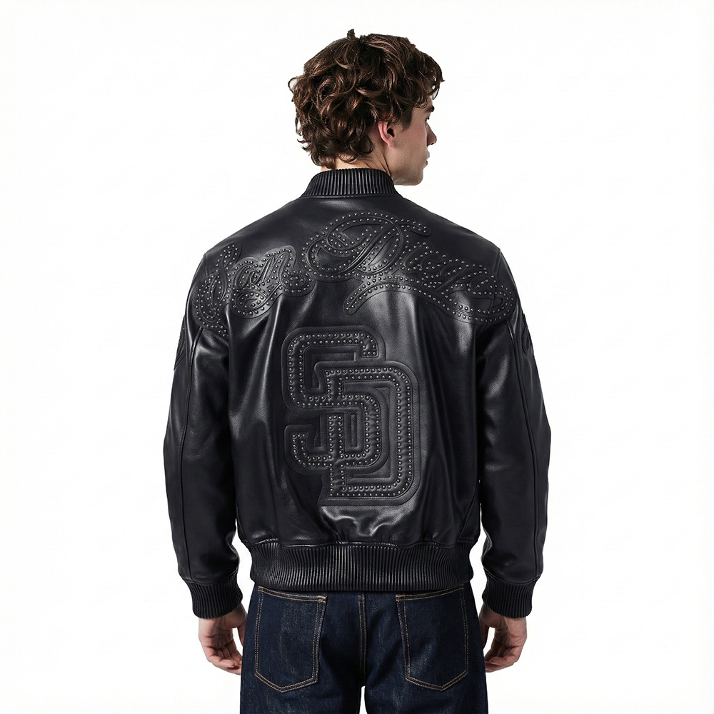 MLB SAN DIEGO PADRES BLACKOUT MEN'S LEATHER VARSITY JACKET (JET BLACK)